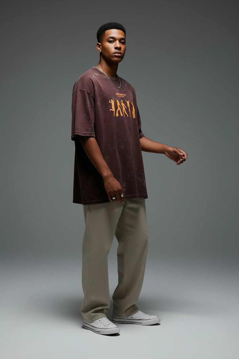 Acid Wash Oversized T-Shirt | Dont Forget to Dance - Brown | Qonshi