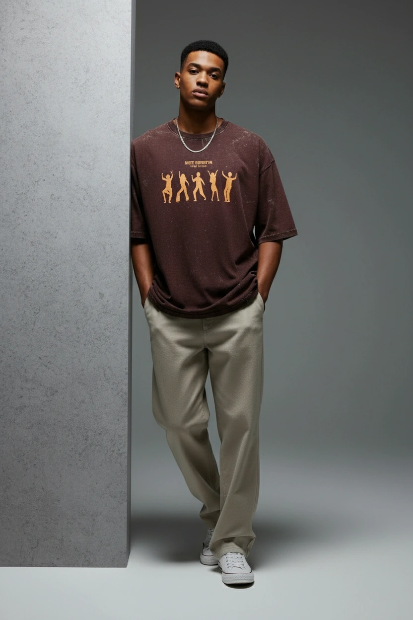 Acid Wash Oversized T-Shirt | Dont Forget to Dance - Brown | Qonshi