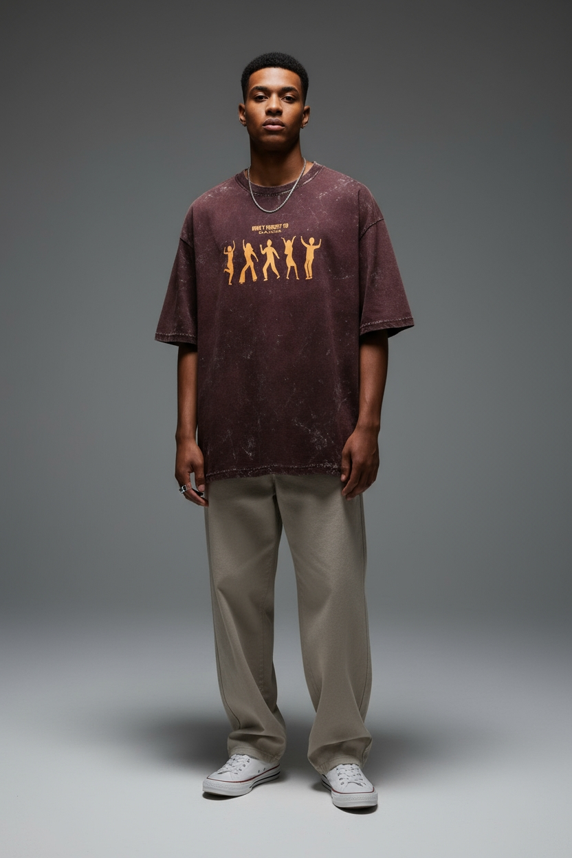 Acid Wash Oversized T-Shirt | Dont Forget to Dance - Brown | Qonshi