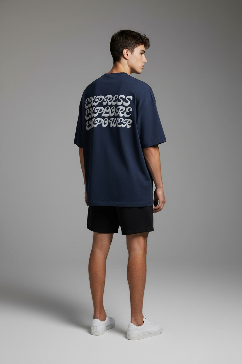 Oversized T-Shirt | Express - Explore - Empower | Blue | Premium Comfort | Qonshi