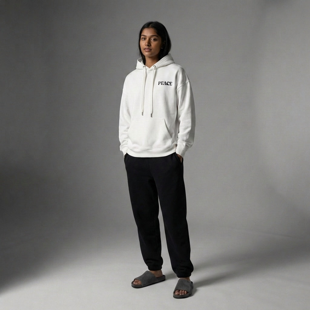 Oversized Unisex White Hoodie | Peace | Heavyweight Comfort