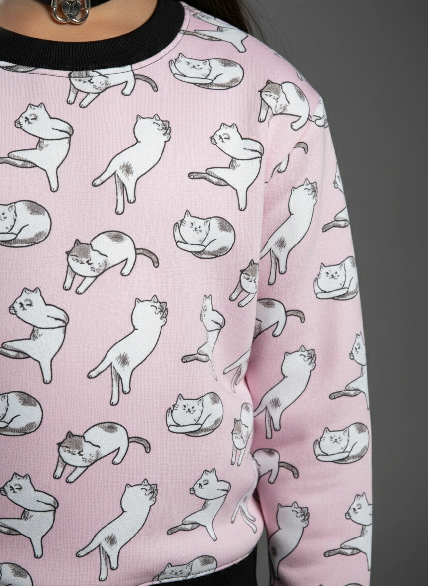 Pink sweatshirt with cat pattern on a gray background