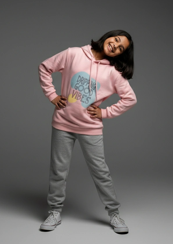Person wearing a pink hoodie with text and gray pants on a gray background