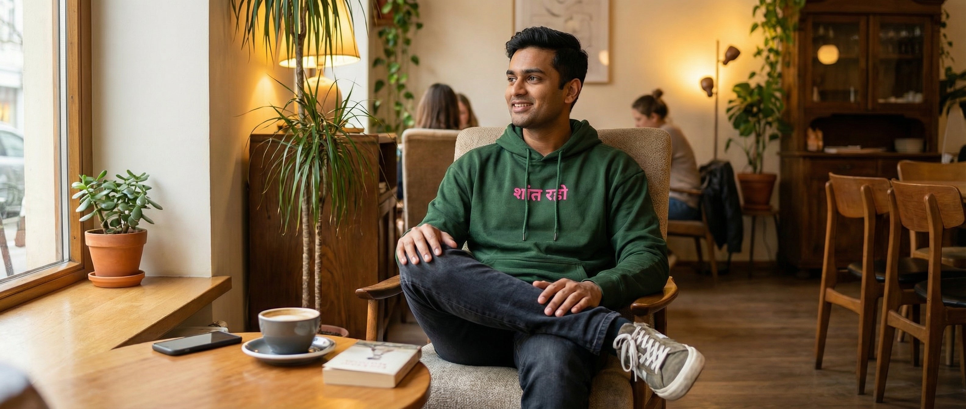 Person sitting in a cozy cafe wearing a green hoodie with text.