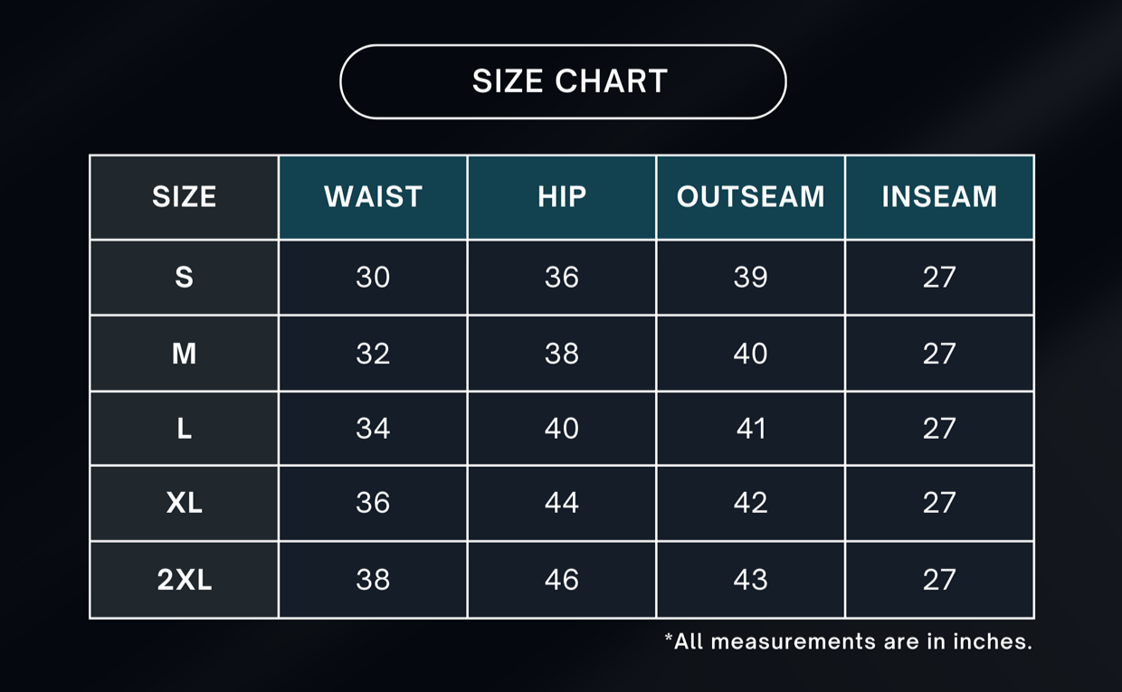Sweat pant size chart 